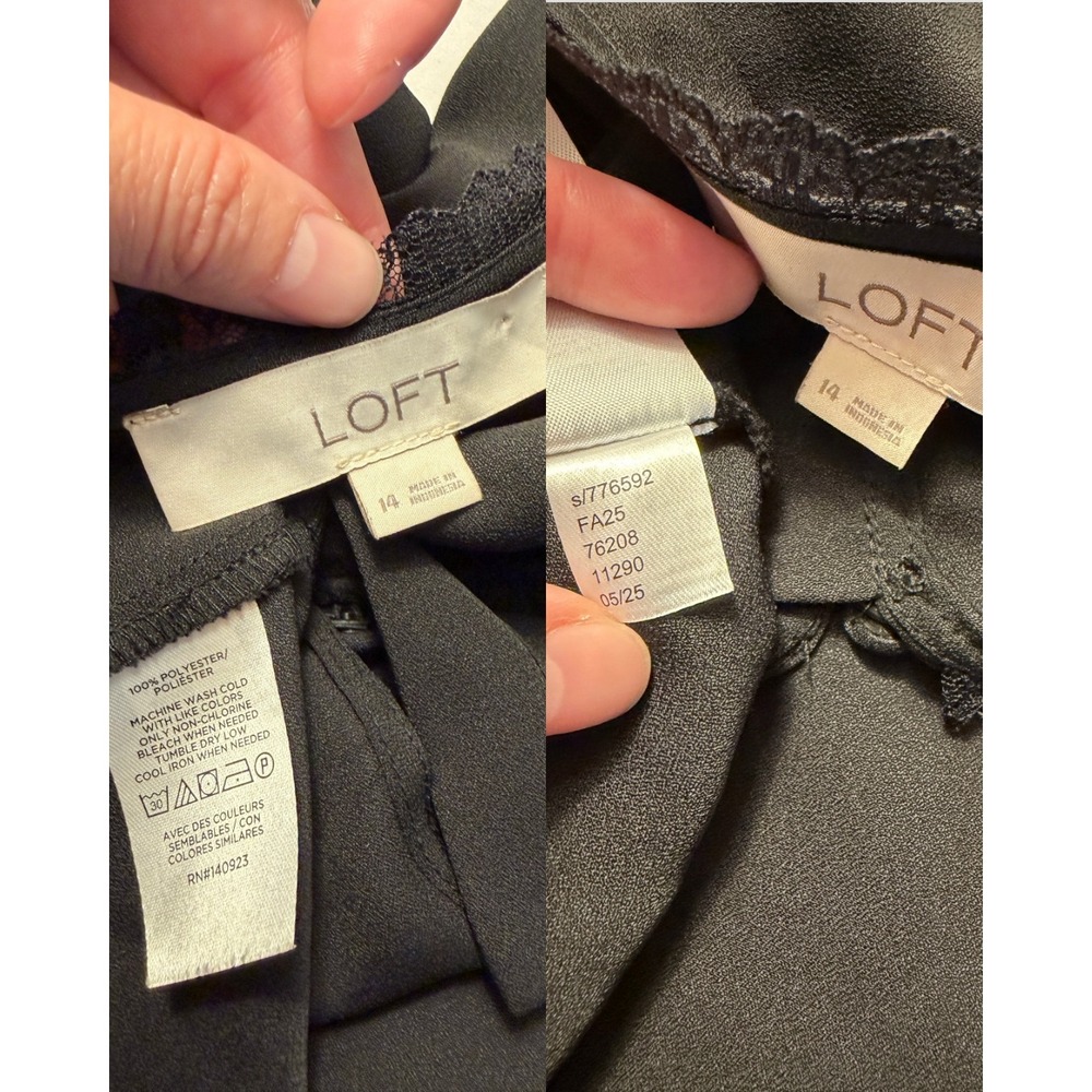 LOFT Black Lace-Trim Puff Sleeve Button Front Top - Picture 8 of 9